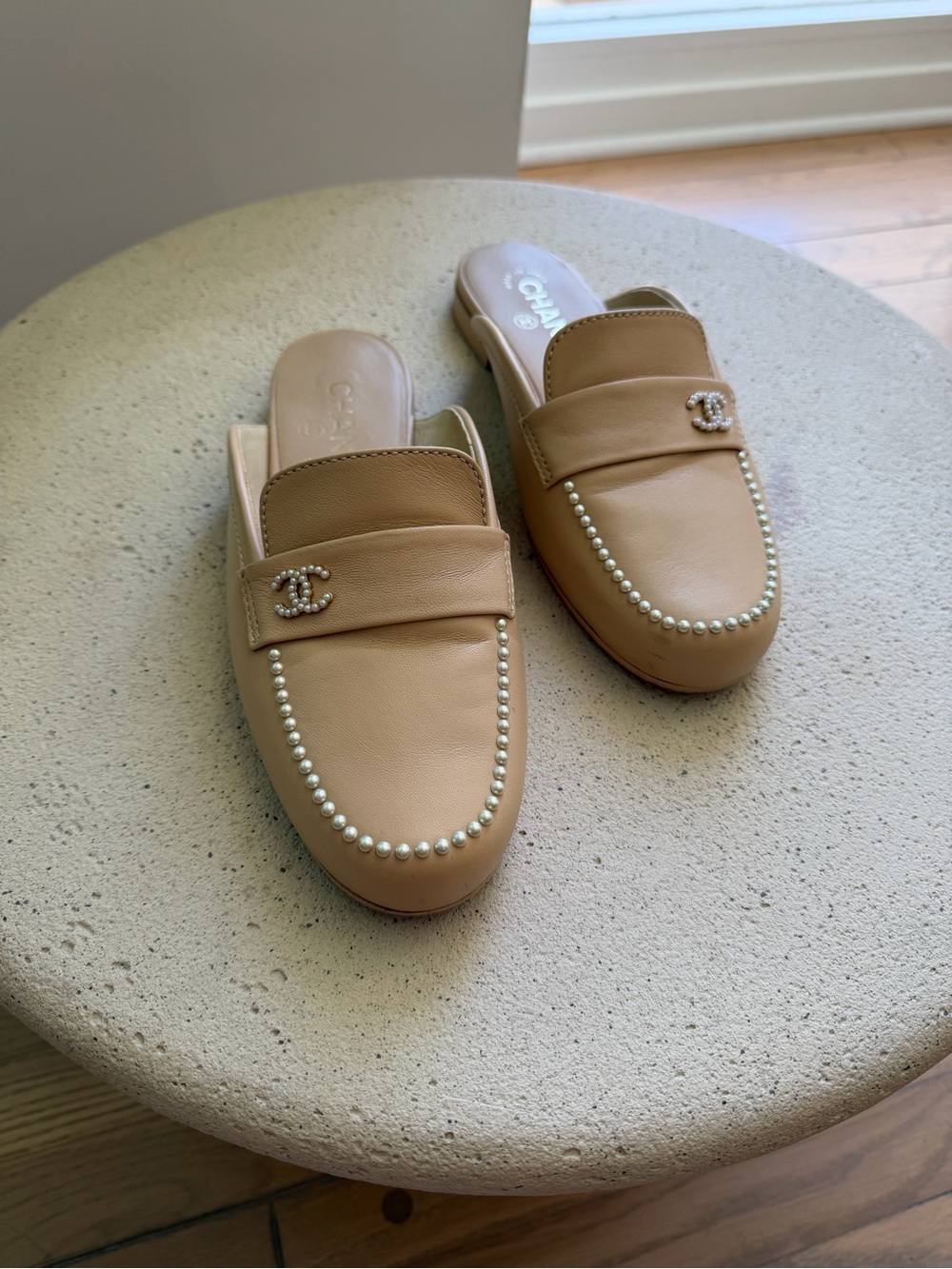 Chanel Tan Pearl-Trim Leather Mules